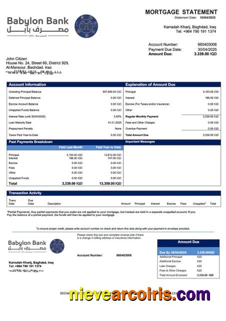 Premium Iraq Babylon Bank Mortgage Statement Word And PDF Template