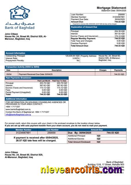 Realistic Iraq Bank Of Baghdad Mortgage Statement Word And PDF Template