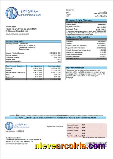 Editable Iraq Gulf Commercial Bank Mortgage Statement Word And PDF Template