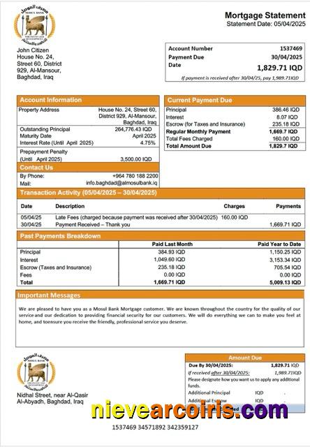 Realistic Iraq Mosul Bank Mortgage Statement Word And PDF Template