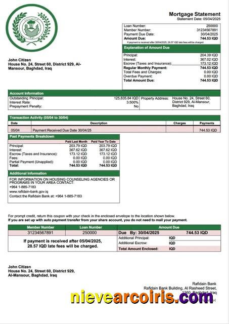 Premium Iraq Rafidain Bank Mortgage Statement Word And PDF Template