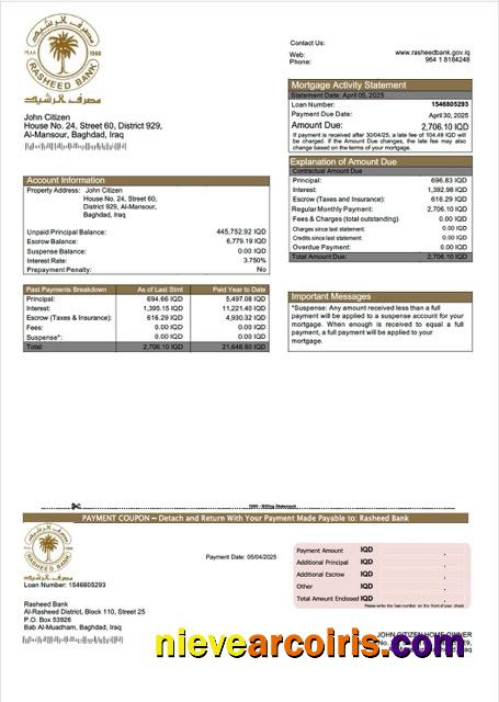 Professional Iraq Rasheed Bank Mortgage Statement Word And PDF Template