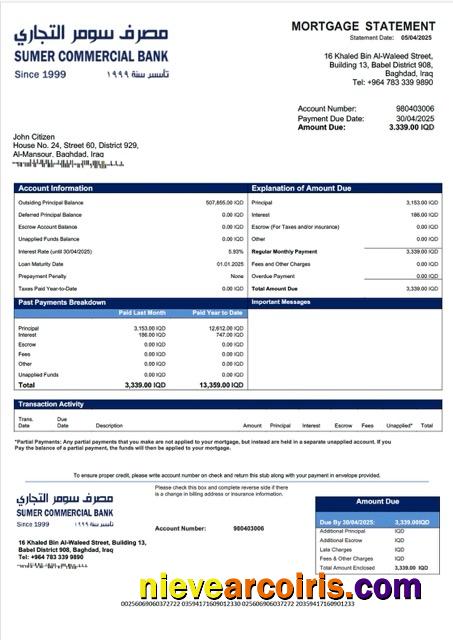 Professional Iraq Sumer Bank Mortgage Statement Word And PDF Template