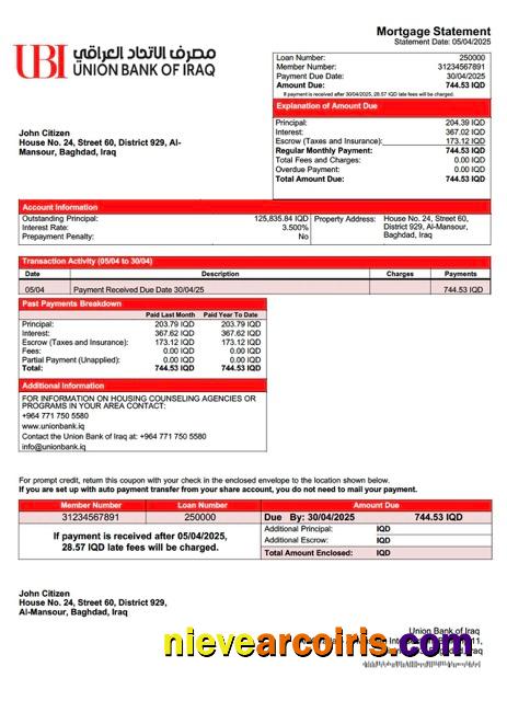 Editable Iraq Union Bank Of Iraq Mortgage Statement Word And PDF Template