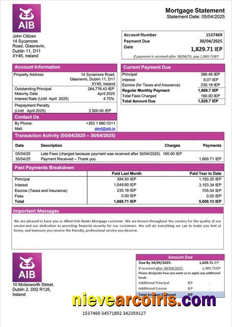 Realistic Ireland Allied Irish Banks Mortgage Statement Word And PDF Template