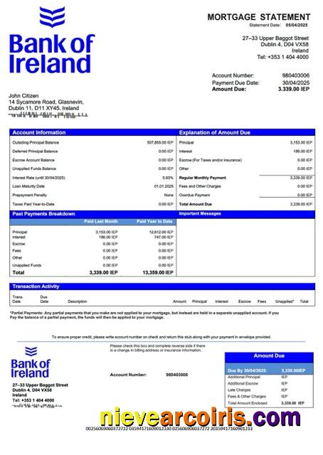 Premium Ireland Bank Of Ireland Mortgage Statement Word And PDF Template