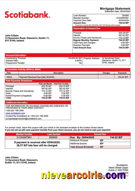 Realistic Ireland Scotiabank Mortgage Statement Word And PDF Template