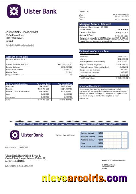 Ireland Ulster Bank Mortgage Statement In Word And PDF Formats Sample