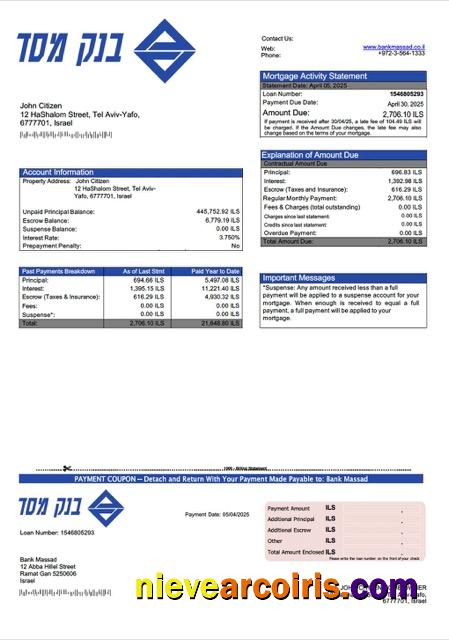 Realistic Israel Bank Massad Mortgage Statement Word And PDF Template