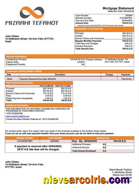 Realistic Israel Bank Mizrahi Tefahot Mortgage Statement Word And PDF Template