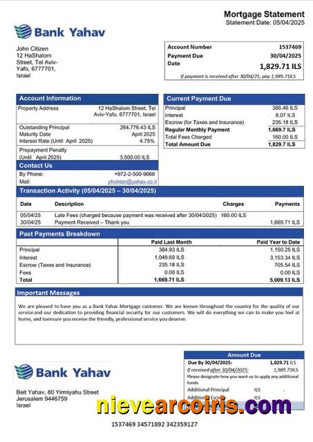 Realistic Israel Bank Yahav Mortgage Statement Word And PDF Template
