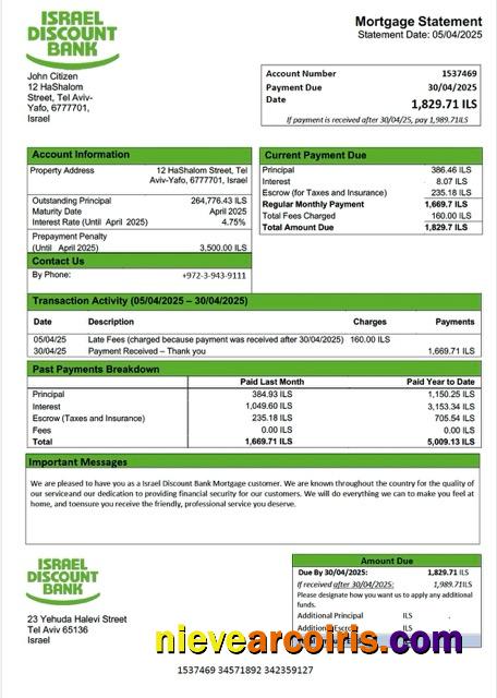 Editable Israel Discount Bank Mortgage Statement Word And PDF Template