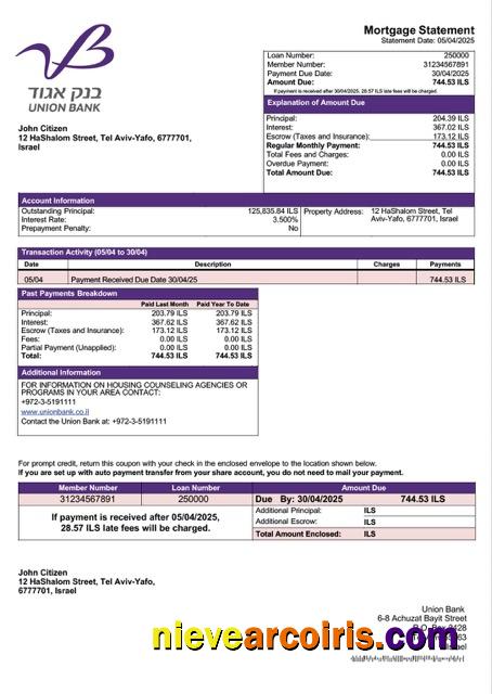 Editable Israel Union Bank (Bank Igud) Mortgage Statement Word And PDF Template