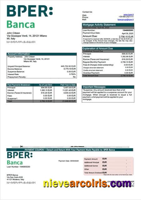 Editable Italy BPER Banca Mortgage Statement Word And PDF Template