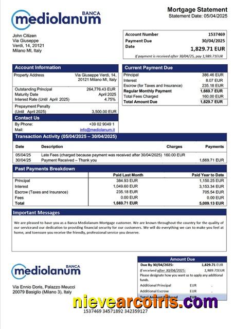Realistic Italy Banca Mediolanum Mortgage Statement Word And PDF Template