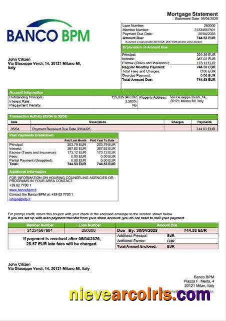 Premium Italy Banco BPM Mortgage Statement Word And PDF Template