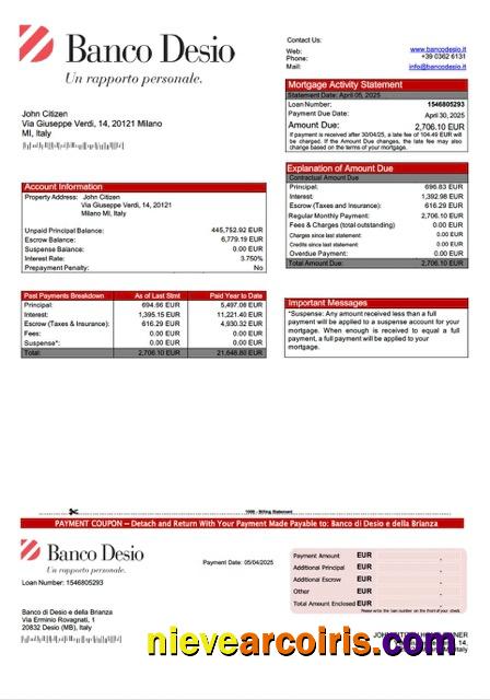 Professional Italy Banco Di Desio E Della Brianza Mortgage Statement Word And PDF Template
