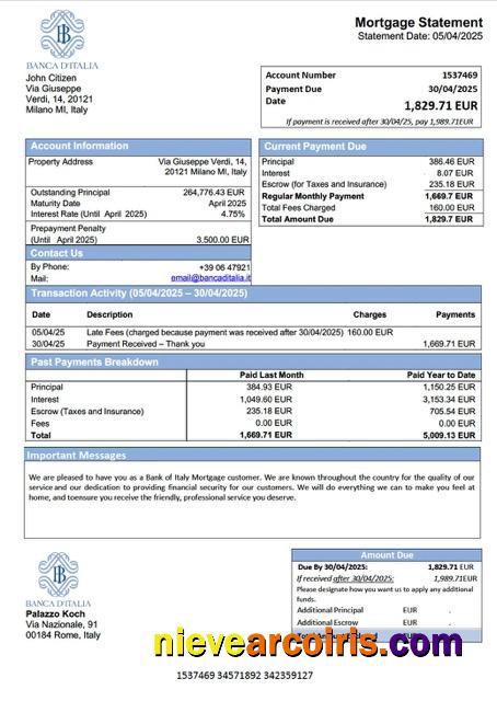 Premium Italy Bank Of Italy Mortgage Statement Word And PDF Template