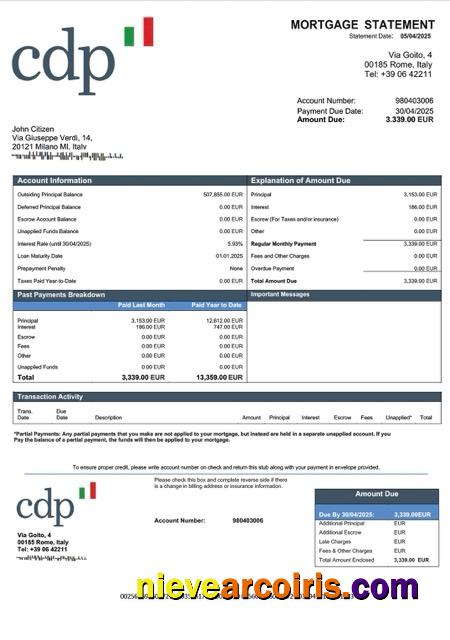 Realistic Italy Cassa Depositi E Prestiti Mortgage Statement Word And PDF Template