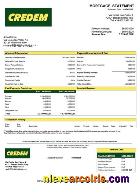 Professional Italy Credito Emiliano Mortgage Statement Word And PDF Template