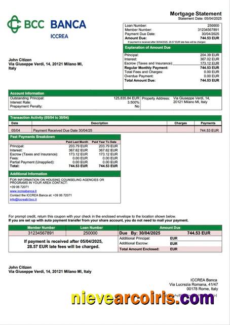 Realistic Italy ICCREA Banca Mortgage Statement Word And PDF Template