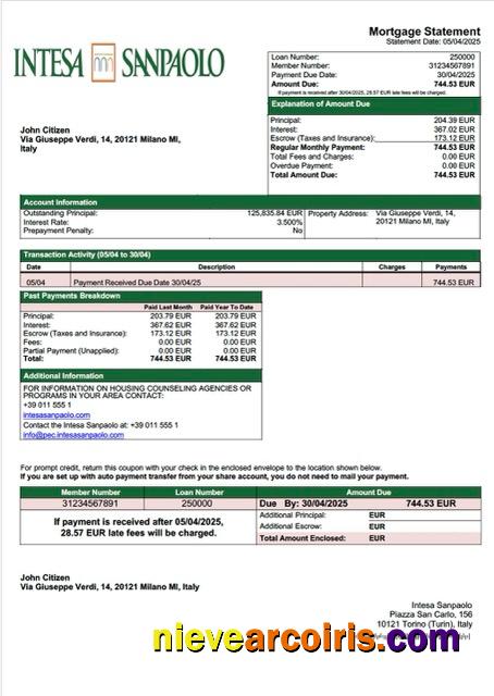 Premium Italy Intesa Sanpaolo Mortgage Statement Word And PDF Template