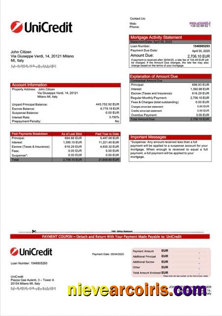 Editable Italy UniCredit Mortgage Statement Word And PDF Template