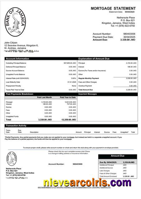 Realistic Jamaica Bank Of Jamaica Mortgage Statement Word And PDF Template