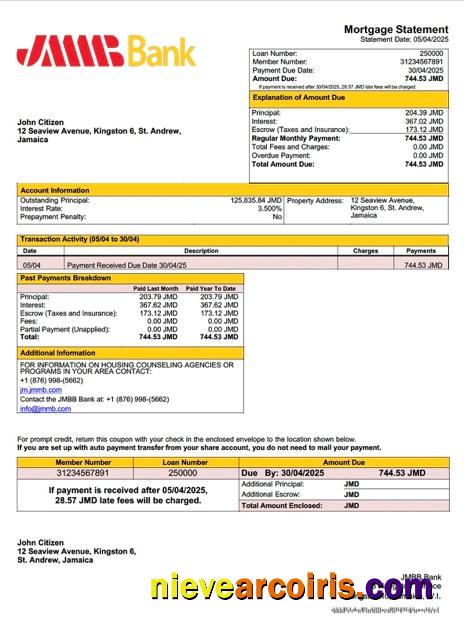 Realistic Jamaica JMMB Bank Limited Mortgage Statement Word And PDF Template