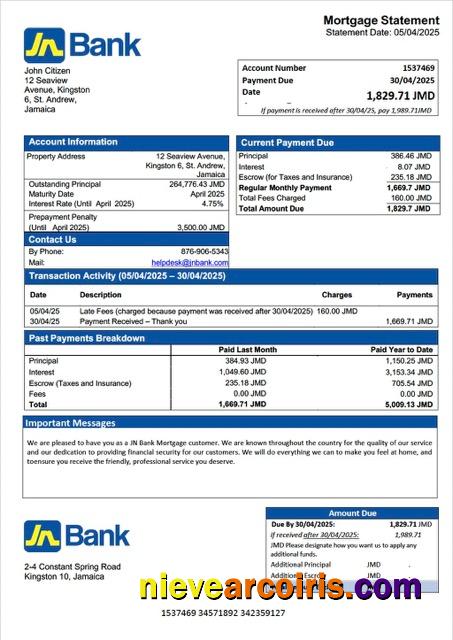 Premium Jamaica National Bank (JN Bank) Mortgage Statement Word And PDF Template