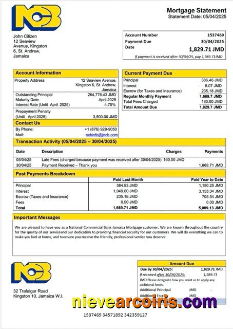 Realistic Jamaica National Commercial Bank Jamaica Limited (NCB) Mortgage Statement Word And PDF Template