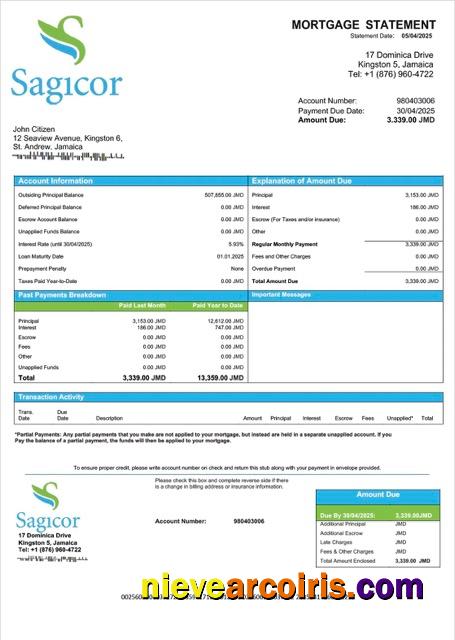 Professional Jamaica Sagicor Bank Jamaica Limited Mortgage Statement Word And PDF Template