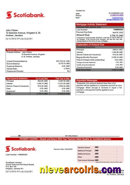 Realistic Jamaica Scotiabank Mortgage Statement Word And PDF Template