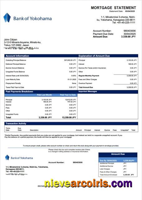 Professional Japan Bank Of Yokohama Mortgage Statement Word And PDF Template