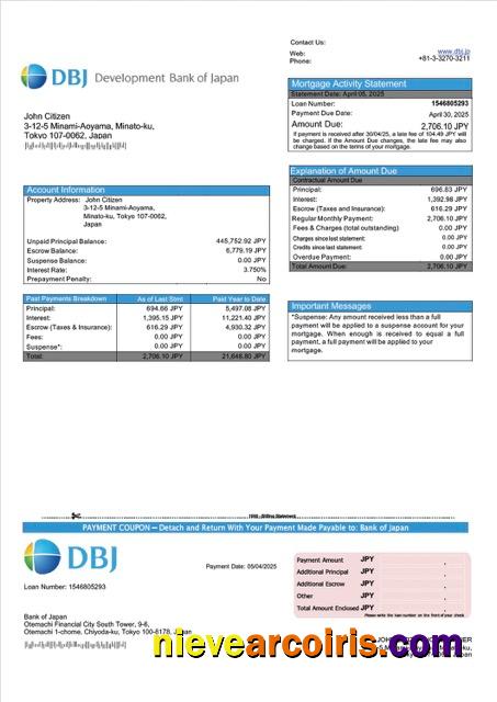 Editable Japan Development Bank Of Japan (DBJ) Mortgage Statement Word And PDF Template