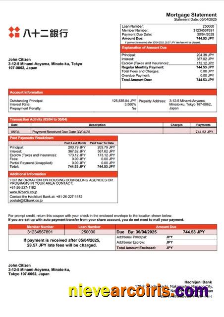 Professional Japan Hachijuni Bank Mortgage Statement Word And PDF Template