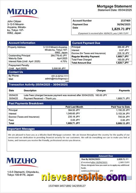 Professional Japan Mizuho Bank Mortgage Statement Word And PDF Template