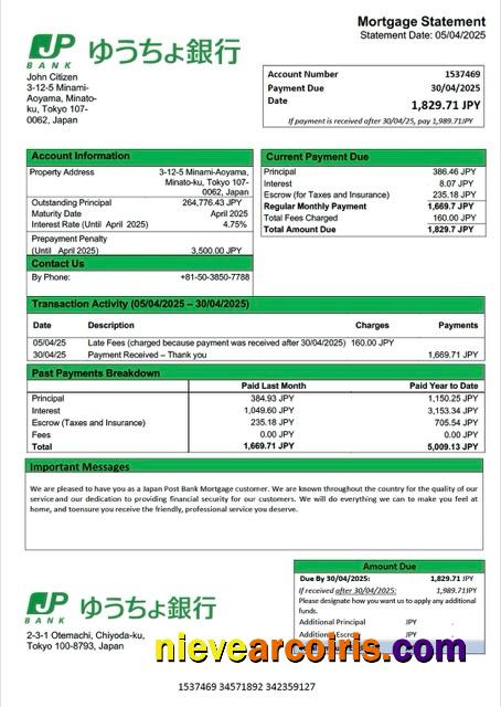 Editable Japan Post Bank Mortgage Statement Word And PDF Template