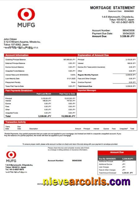 Realistic Japan The Bank Of Tokyo Mitsubishi UFJ (MUFG) Mortgage Statement Word And PDF Template