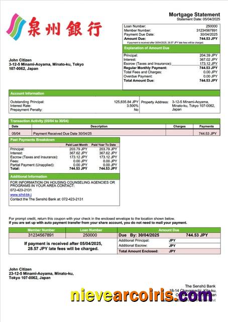 Realistic Japan The Senshū Bank Mortgage Statement Word And PDF Template