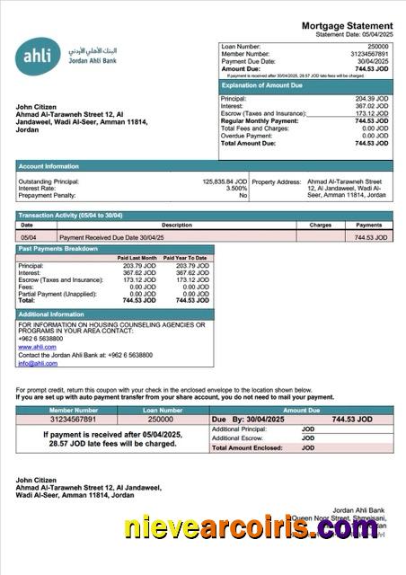 Professional Jordan Ahli Bank Mortgage Statement Word And PDF Template