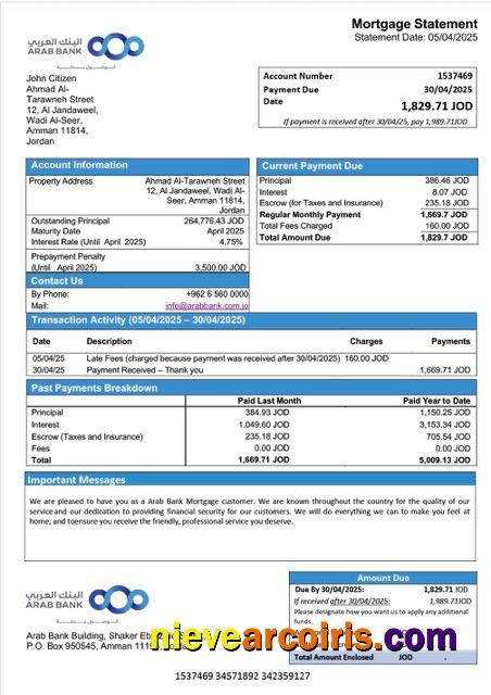Editable Jordan Arab Bank Mortgage Statement Word And PDF Template