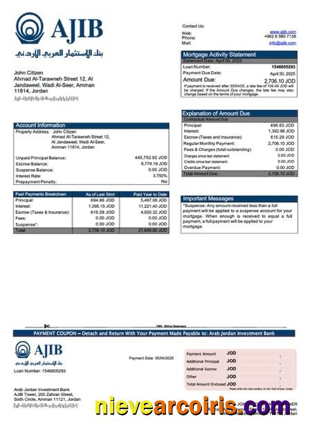 Editable Jordan Arab Jordan Investment Bank (AJIB) Mortgage Statement Word And PDF Template