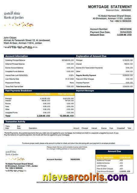 Premium Jordan Bank Of Jordan Mortgage Statement Word And PDF Template