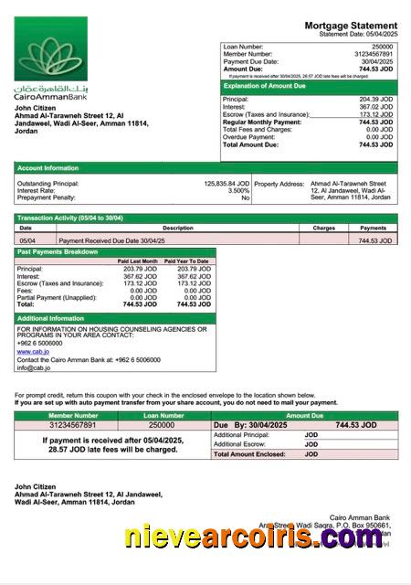 Realistic Jordan Cairo Amman Bank Mortgage Statement Word And PDF Template