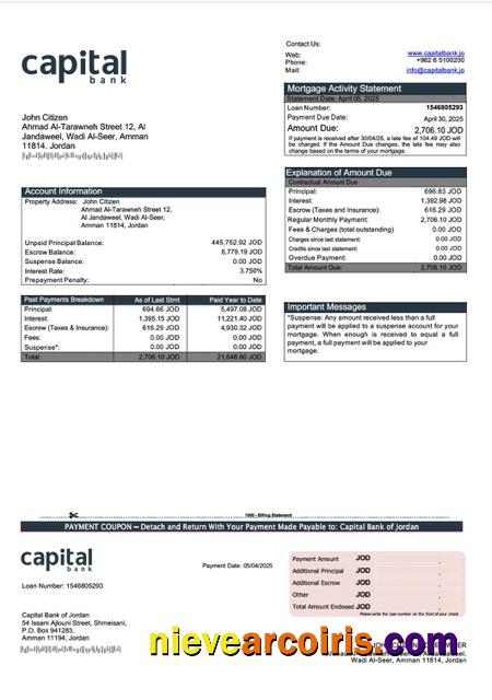Realistic Jordan Capital Bank Of Jordan Mortgage Statement Word And PDF Template