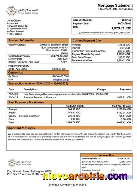 Professional Jordan Central Bank Of Jordan Mortgage Statement Word And PDF Template
