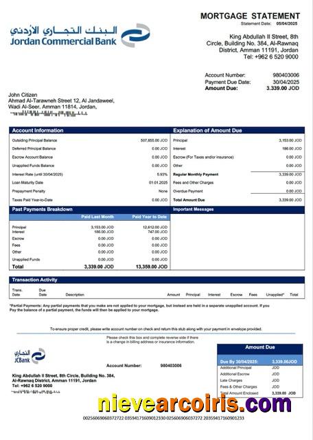 Professional Jordan Commercial Bank Mortgage Statement Word And PDF Template