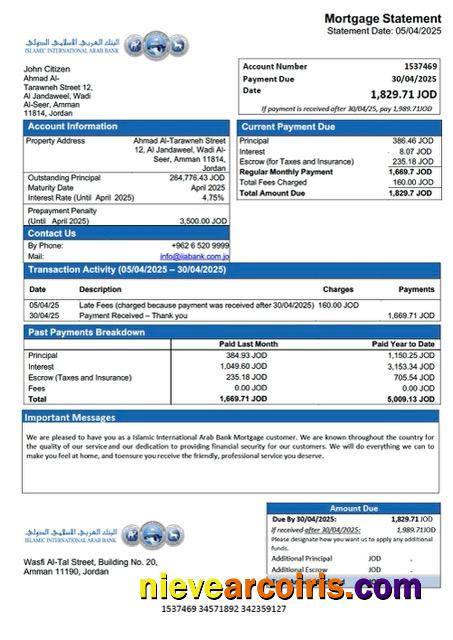 Realistic Jordan Islamic International Arab Bank Mortgage Statement Word And PDF Template