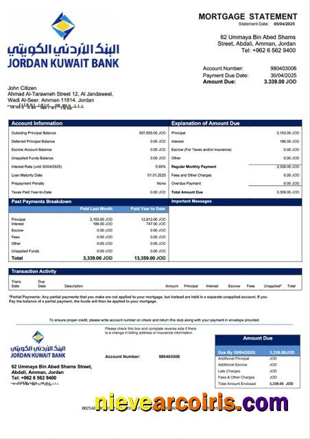 Premium Jordan Kuwait Bank Mortgage Statement Word And PDF Template